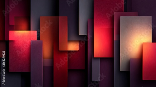Abstract geometric composition, rectangular shapes layered in various hues and shades, with a gradient light source
