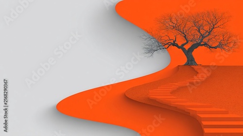 An artistic graphic with a bare tree silhouette, stairs, and abstract wave of orange and grey shapes