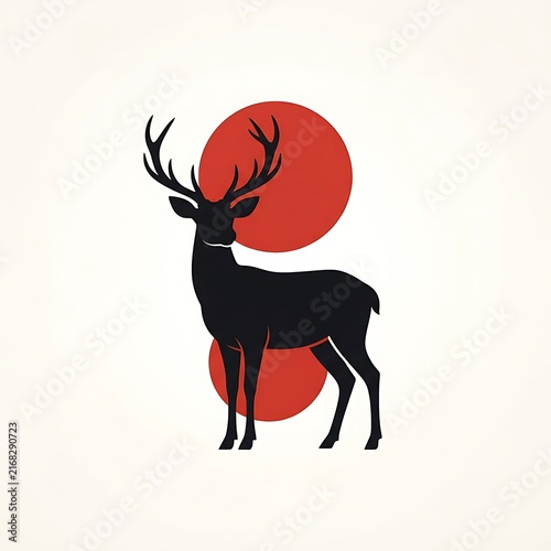 Deer silhouette with red sun and moon background