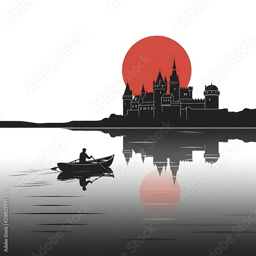 Man rowing boat near castle at sunset