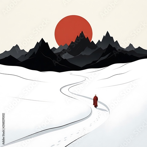 Monk walking in snowy mountains at sunset
