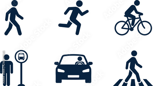 Set of urban mobility and transportation icons including walking pedestrian running person bicycle cyclist bus stop and car with transportation