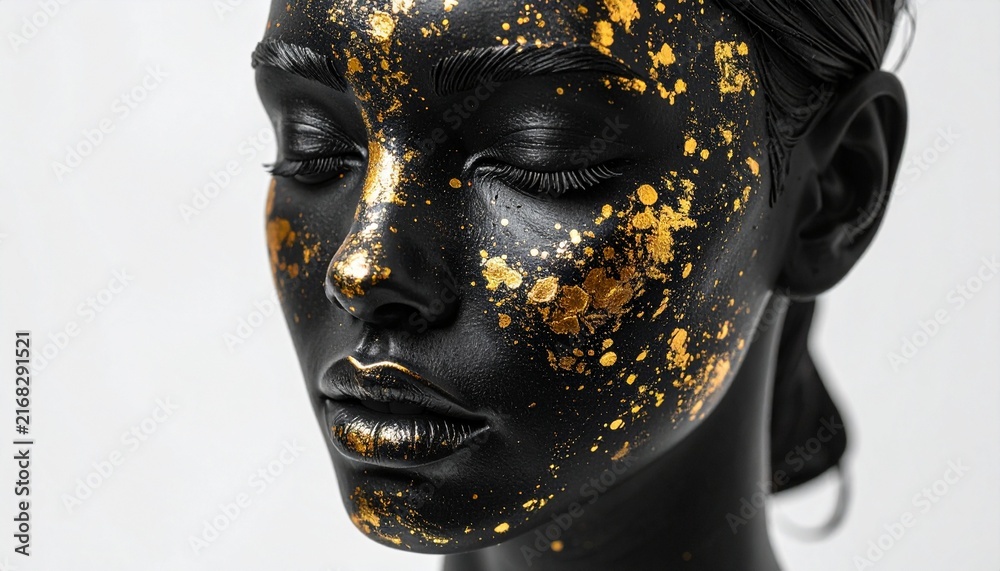 Obraz premium Artistic portrait of a young woman with elegant black face makeup and shimmering golden paint splashes on a clean and bright white background.