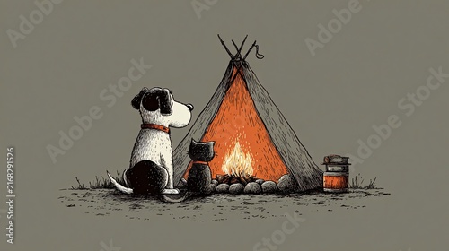 Illustration of a dog and cat sitting by a campfire in a teepee tent. They gaze at the flames with a sense of peace