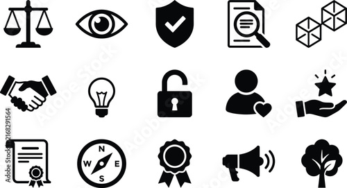 Collection of business ethics compliance legal and strategy black silhouette icons on white background with scales of justice