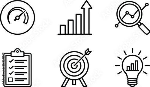Set of business performance analysis and strategy black and white line icons including speed gauge and growth chart with magnifying glass