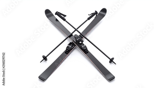 Overhead shot of crossed black skis with poles, isolated on white background. Winter sport equipment, ready for the slopes