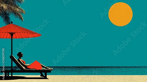 Serene artwork of a figure relaxing on a beach chair, under an umbrella, near a calm sea with a bright sun overhead. Features palm trees