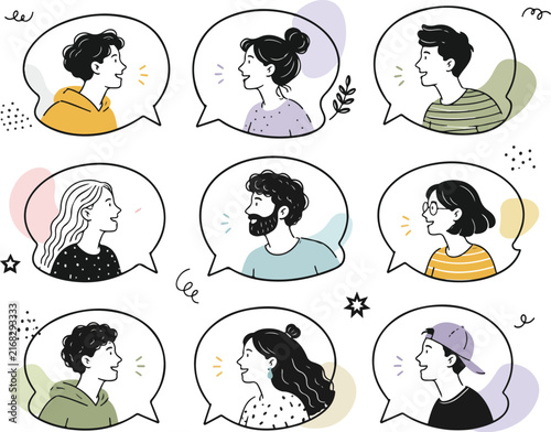 People Communication and Conversation Speech Bubbles – Minimal Hand Drawn Vector Illustration