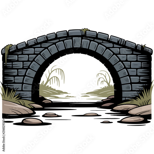 Stone Arch Bridge Over a River in a Historic European Park with Ancient Medieval Architecture, Ruins, Brick Walls, Scenic Landscape and Blue Sky