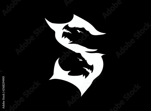 Cuadro en lienzo Stylized fantasy dragon emblem with a curved serpentine silhouette, sharp horns, flowing wings, and bold negative-space detailing for gaming, esports, RPG, clan, guild, and fantasy branding
