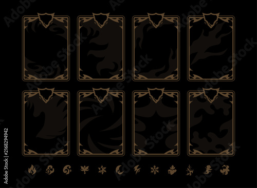 Fantasy card frame template featuring ornate dark borders, decorative corners, elemental symbols, and multiple card layouts for RPG games, trading card games, collectible cards, and fantasy UI.
