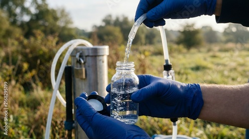 Scientist collects groundwater sample in glass bottle for environmental testing and analysis