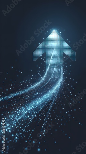 Vertical glowing pixel arrow showing significant financial growth and upward market momentum