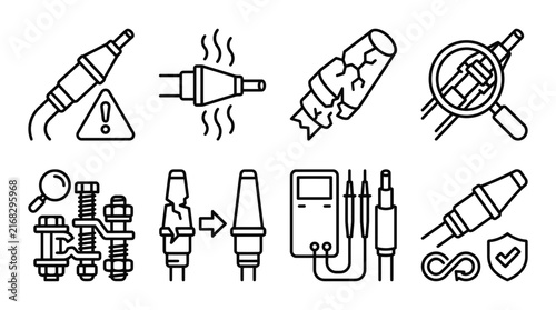 Spark plug maintenance and repair vector graphic icons showing diagnostic tools and damaged engine parts collection