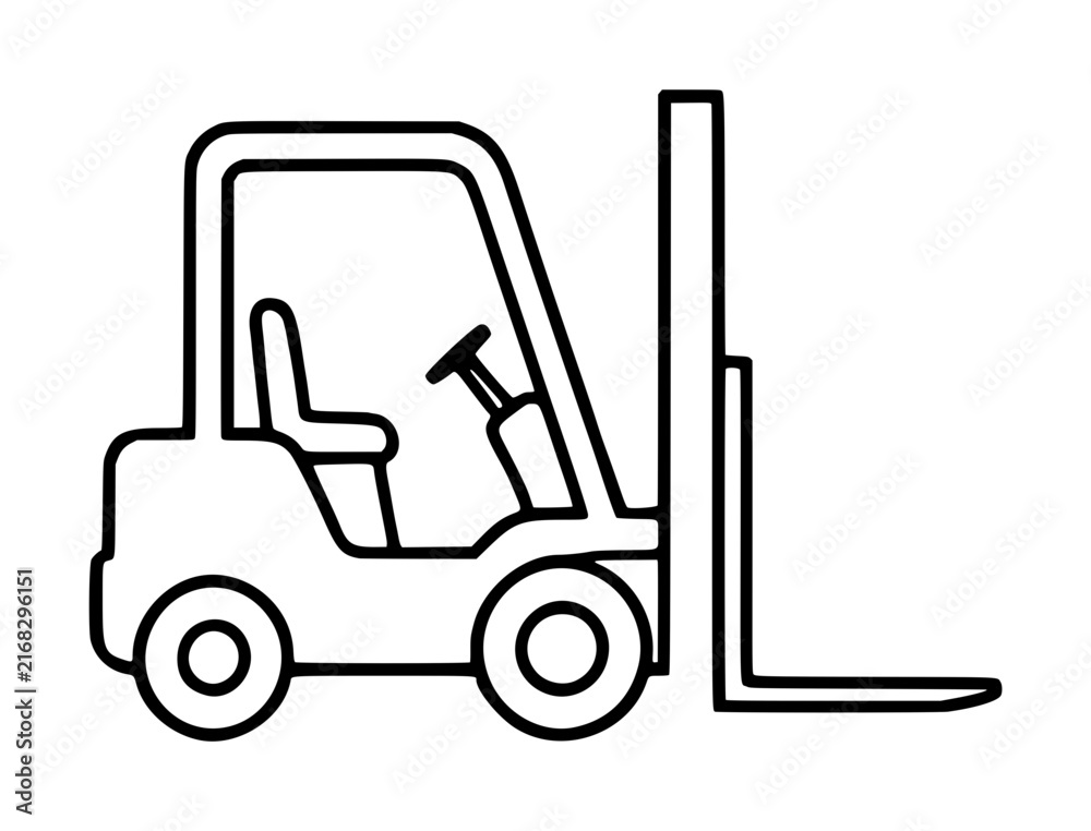 Fototapeta premium Industrial forklift vector icon illustration featuring a minimalist black line art design for warehouse logistics, shipping services, heavy machinery transport, and construction site projects.