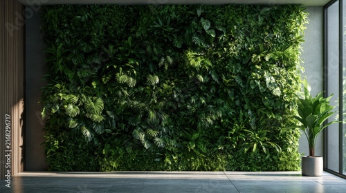 Lush Green Wall of Tropical Plants in Modern Interior Space with Large Window and Natural Lighting
