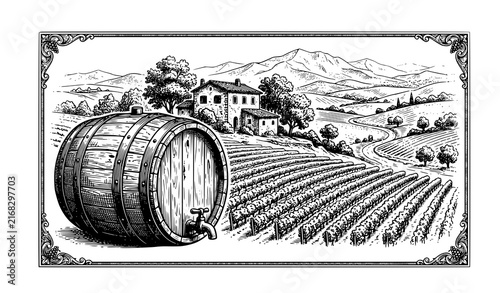 Antique Wooden Barrel with Vineyard Rows Rural Villa Rolling Hills and Mountain Scenery Engraving Style Vector Illustration