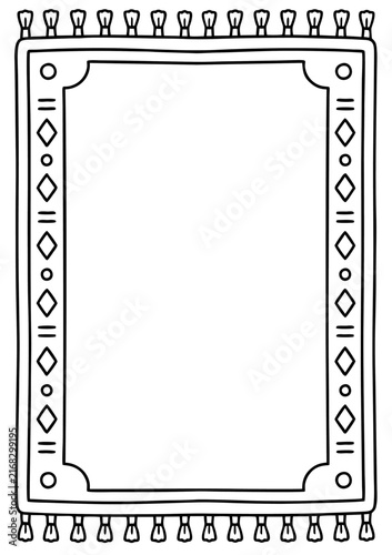 Rug coloring page featuring a rectangular carpet with ethnic geometric patterns and decorative tassels in a clean simple line style