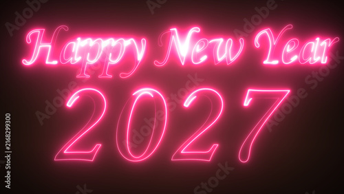 Happy new year 2027 glowing pink neon typography sign against a dark background with glowing text neon light holiday celebration