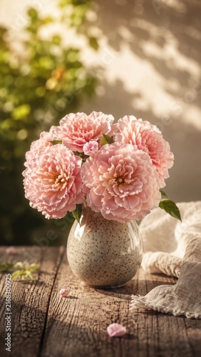 Beautiful bouquet of pink peonies in a ceramic vase on a rustic wooden table.