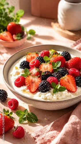 A delicious bowl of creamy cottage cheese topped with fresh strawberries, raspberries, and blackberries.
