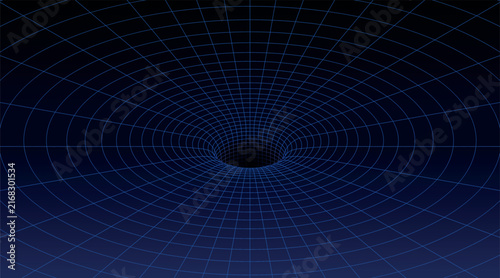 Foto 3D vector wireframe illustrations depicting a spacetime grid bending into a wormhole or black hole funnel