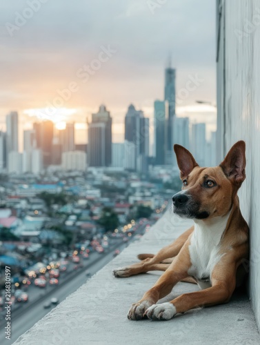 A watchful dog lounges on a rooftop, gazing out over a bustling cityscape with the sun setting behind the buildings, creating a peaceful urban scene