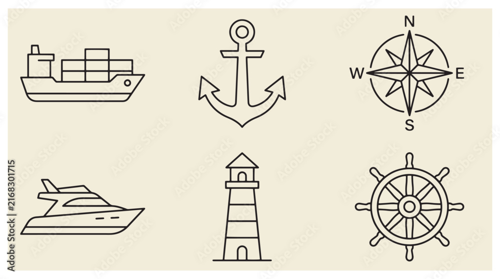 Naklejka premium Set of nautical design elements with cargo ship anchor windrose yacht lighthouse and steering wheel black and white line art windrose lighthouse maritime navigation