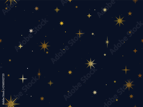 Starry night with glowing celestial patterns. Golden dots connect in cosmic lines across deep blue sky. Stars pulse softly, forming abstract constellations