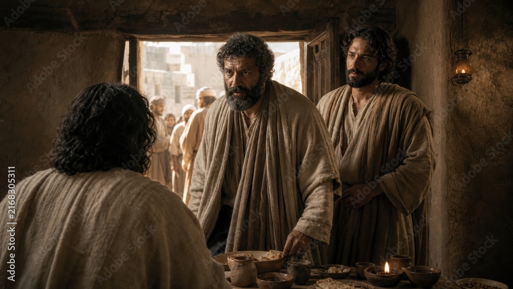 Fototapeta premium Two bearded men standing before seated man at table with bread and bowls in ancient stone room. Biblical Passover preparation and hospitality concept for religious illustration