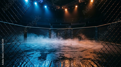 Empty MMA octagon with chain-link fence under dramatic blue and orange stage lights, low fog rolling across the wet fighting mat, atmospheric fight arena scene