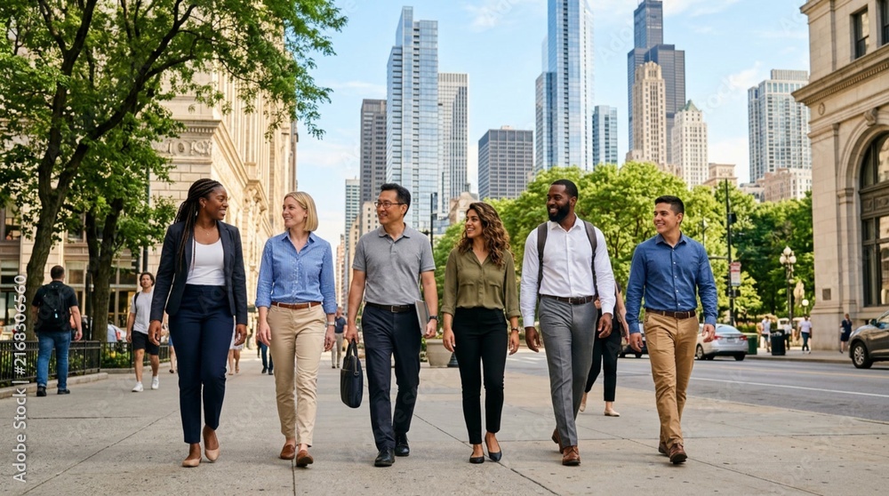 Fototapeta premium Diverse group of professional men and women walking together on a sunlit city sidewalk wearing business casual attire with modern skyscrapers in the background representing teamwork, urban lifestyle,