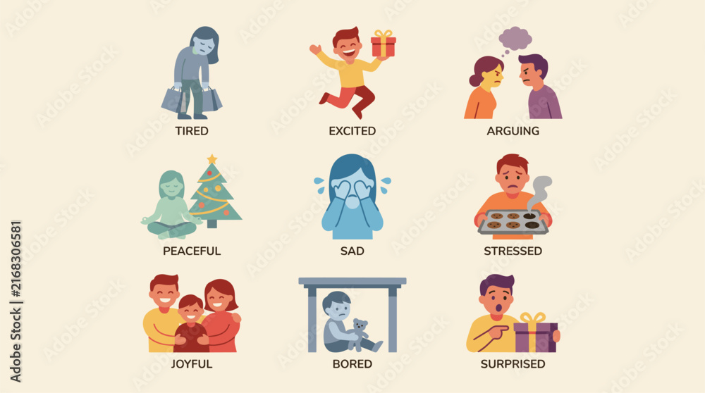 Fototapeta premium Icon set illustrating diverse human emotions: tired, excited, arguing, peaceful, sad, stressed, joyful, bored, surprised