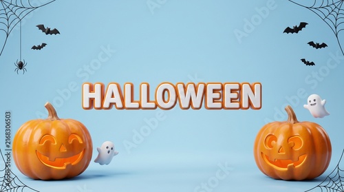 Halloween background with carved pumpkins and flying bats on a light blue backdrop with copy space