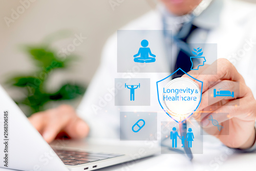 Wellness and longevity healthcare concept showing healthy lifestyle icons including sleep, nutrition, exercise, meditation and long life balance.