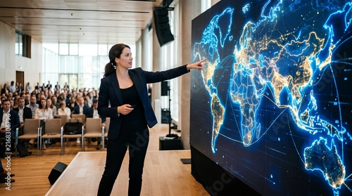 Female business presenter pointing at glowing digital world map on large screen during modern corporate conference presentation to seated audience