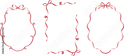 Elegant and cute red ribbon wavy frames set with dedicated bows. Vintage hand drawn decorative borders for Christmas, valentines, birthday, wedding cards and invitations