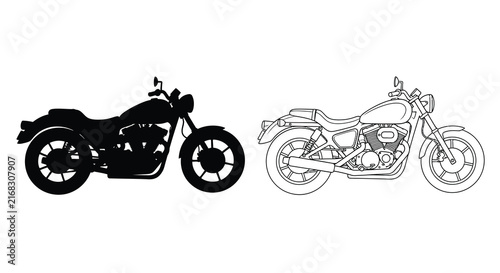 Fotografie Motorcycle Silhouette And Line Drawing On White Background