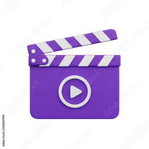 Purple movie clapperboard icon with a play button symbol for media production isolated on transparent background