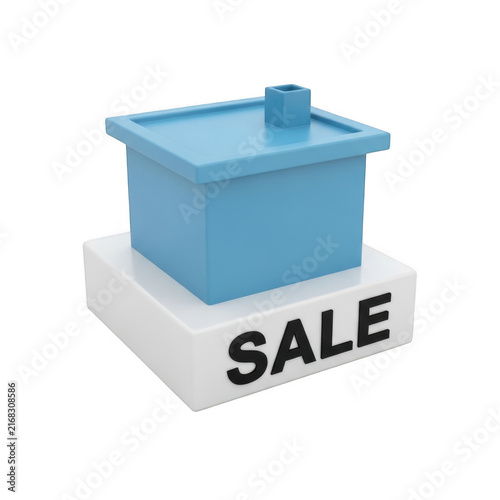 Small blue house icon with a sale sign isolated on transparent background