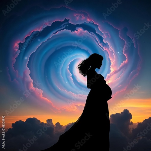 Pregnant woman silhouette against swirling colorful clouds at sunset