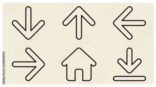 Set of UI line icons featuring directional arrows home button download symbol UI icons navigation arrows download icon web interface design line art