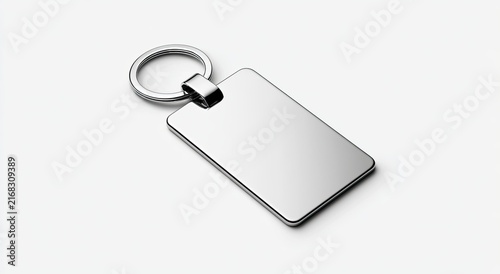 Sleek silver rectangular tag attached to a shiny metal keyring
