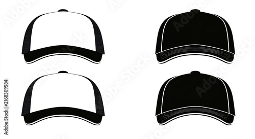Two baseball caps in white, two in black, each with a contrasting brim detail