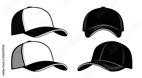 Four baseball caps, two black, two white-fronted, depicted