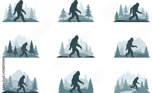 Bigfoot silhouette collection walking in forest mountain landscape icons