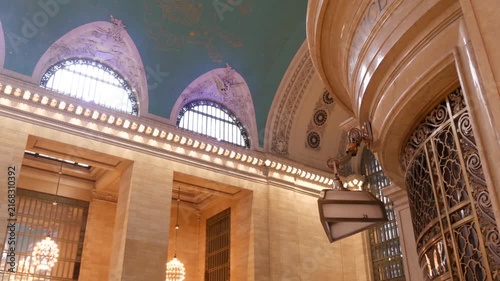 New York City Grand Central Terminal on 42 street, United States. Architecture details inside railway building. Public passenger transportation in NYC, Manhattan Midtown. Railroad station interior.