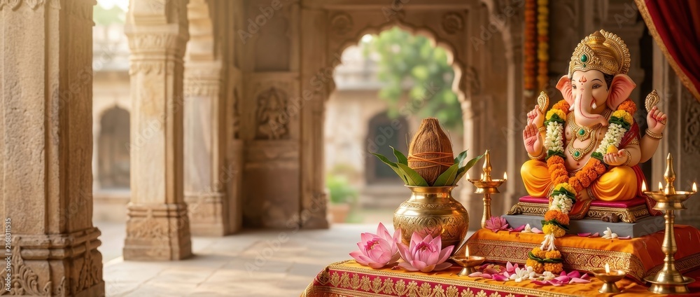 Fototapeta premium Golden deity statue adorned with garlands on an ornate altar with lamps and flowers inside an ancient temple