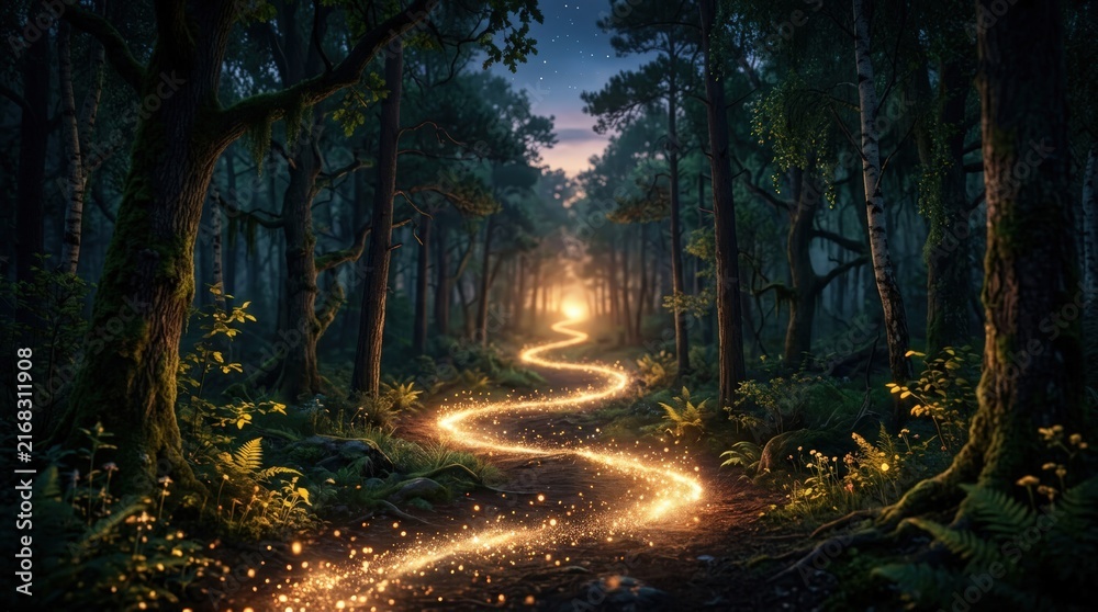 Obraz premium A magical glowing path of golden light winds through an enchanted, mystical forest at twilight.